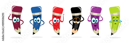 A collection of cute, animated pencil mascots with faces, arms, and diverse emotional expressions.