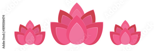 A trio of stylized pink and red lotus flowers with layered, pointed petals in a flat, graphic design.