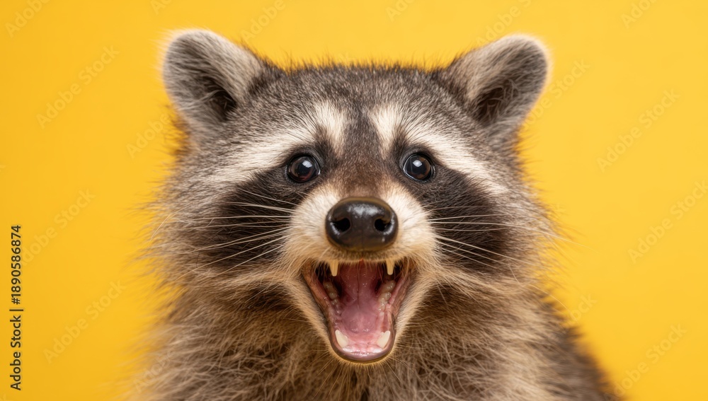 Obraz premium raccoon with an open mouth, isolated on a yellow background