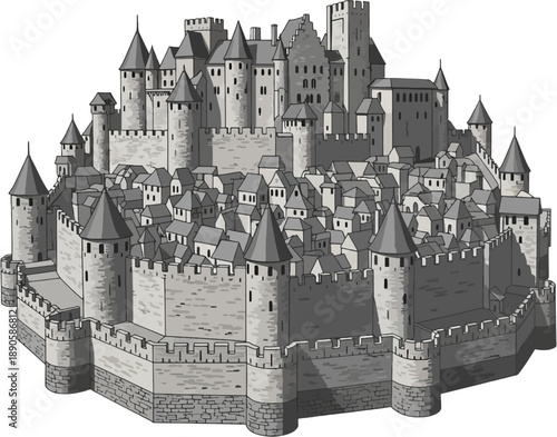 French Medieval Fortress Vector Illustration, Walled Castle Citadel Architecture, Historic European Stronghold, Carcassonne Style Fortified City, Detailed Flat Vector Design