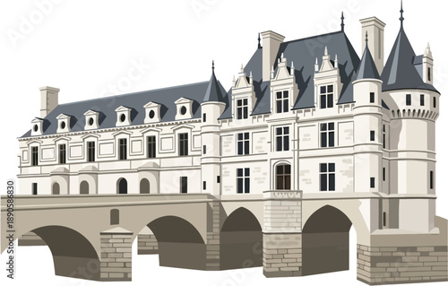 French Bridge Château Vector Illustration, Chenonceau Style Castle Over River, Renaissance European Palace Architecture, Historic Loire Valley Landmark, Detailed Flat Vector Design