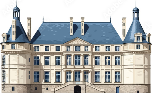 Classic French Château Vector Illustration, Elegant Symmetrical Royal Palace Architecture, Renaissance European Castle Landmark, Historic Loire Valley Mansion, Detailed Flat Vector Design