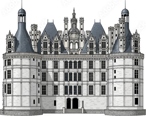 French Renaissance Castle Vector Illustration, Chambord Style Royal Château Architecture, Grand Medieval Palace Fortress, Historic Loire Valley Landmark, Detailed Flat Vector Design