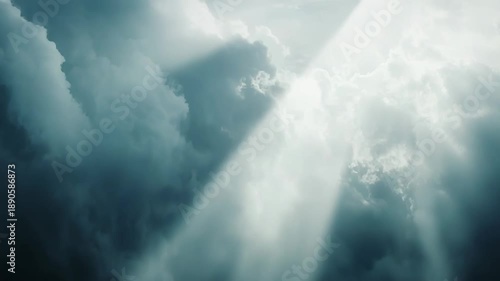 Heavenly light rays breaking through dramatic storm clouds, creating a powerful and atmospheric scene symbolizing hope, spirituality, and a dramatic weather change
