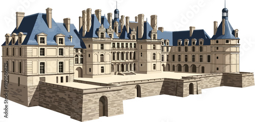 French Royal Castle Vector Illustration, Renaissance Fontainebleau Style Château Architecture, Historic European Palace Fortress, Loire Valley Heritage Landmark, Detailed Flat Vector Design