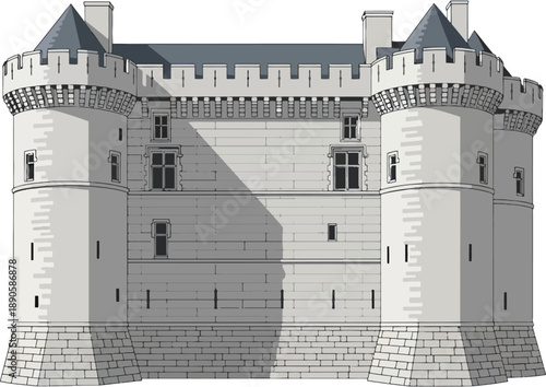 French Medieval Langeais Castle Vector Illustration, Historic Fortress Architecture in Loire Valley, European Royal Stronghold, Ancient Stone Castle Landmark, Detailed Flat Vector Design