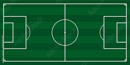 Top-down vector illustration of a green striped soccer field with white boundary lines and markings.