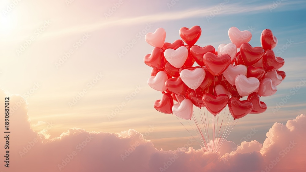 Fototapeta premium Heart-shaped balloons floating in sky 