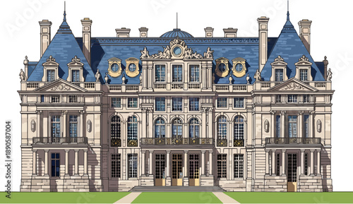 Royal French Château Vector Illustration, Grand Baroque Palace Architecture, Versailles Style European Royal Residence, Historic Monumental Castle Landmark, Detailed Flat Vector Design