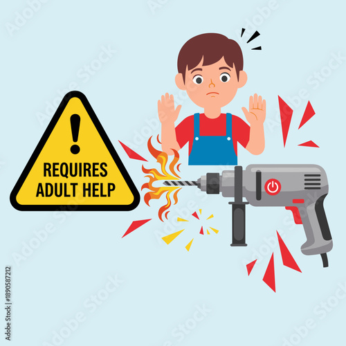 electric drill with requires adult help warning sign and small boy silhouette, abstract danger sparks and flames, with copy space for safety blogs and education