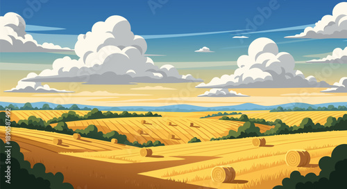 Beautiful vector illustration of a golden wheat field with hay bales under a cloudy sky at sunset