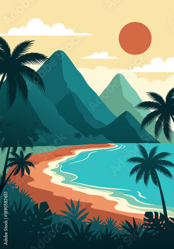 Beautiful Tropical Beach Landscape Vector Illustration with Palm Trees and Mountains