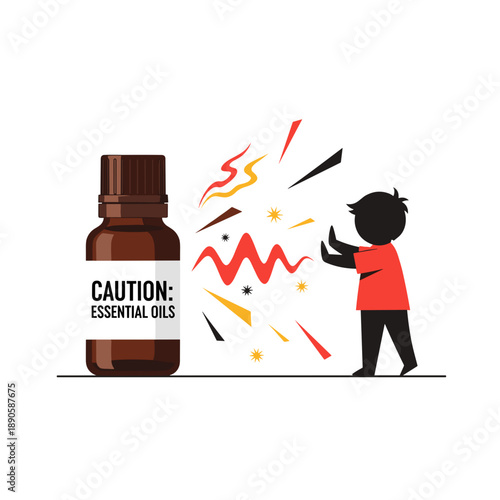 brown glass amber bottle with caution essential oils label and boy silhouette, warning signs on white background, for safety blogs websites and health presentations