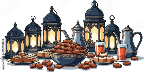 Ramadan Iftar spread with dates traditional sweets and glowing lanterns perfect for Islamic holiday celebrations and cultural events
