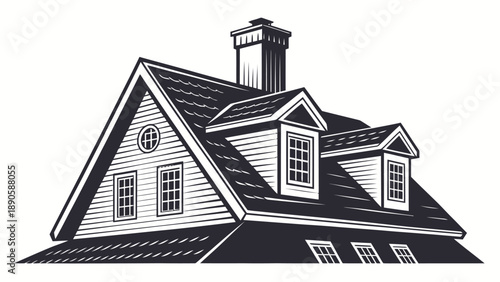 Classic House Roof Architecture with Dormer Windows and Traditional Chimney Design in Detailed Monochromatic Style