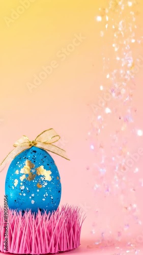 Easter egg sits on pink grass while sparkles fall around it. Bright yellow background creates festive look. Concept of Easter celebration, holiday decorations, event planning