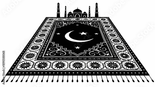 Islamic Prayer Rug with Crescent Moon and Stars Against Mosque Silhouette Background for Ramadan and Eid Celebrations