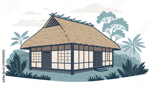 Traditional Asian Thatched Roof House in Lush Tropical Jungle Landscape Illustration with Natural Foliage