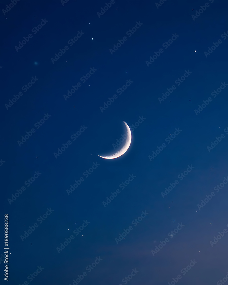 Naklejka premium Crescent moon shining brightly in dark starry sky with scattered faint lights
