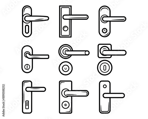 A collection of various door handles and locks on a white background