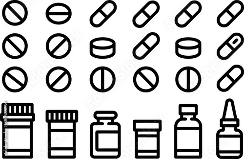 A collection of various medication icons and pill bottles on a white background