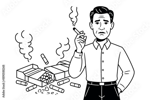 A man stands next to cigarette boxes with a concerned expression while smoking a cigarette.