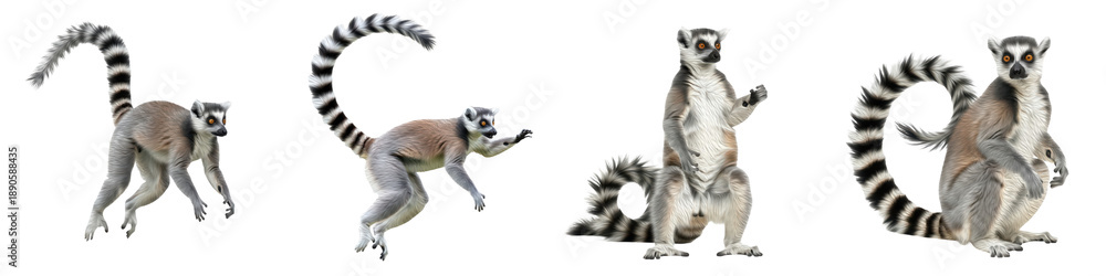 Obraz premium Set of Ring-Tailed Lemur Full Body Poses in Various Angles, Madagascar Wildlife Animal Collection Isolated on White, PNG Oil Paint