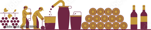 An illustration of a winery with workers processing grapes into wine