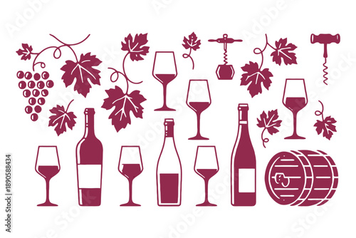 A collection of wine glasses, bottles, and grapes on a white background