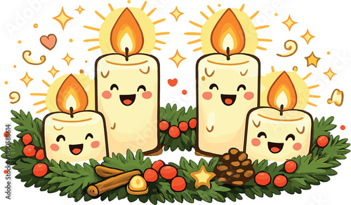 Joyful Candle Lights. A charming doodle vector illustration capturing the instant all wreath candles burst into warm light, happy