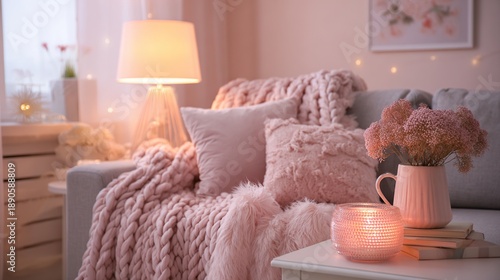 A cozy living room scene featuring a gray sofa, a knitted throw, and soft pillows, illuminated by a warm lamp and candlelight, creating a relaxing and inviting atmosphere.