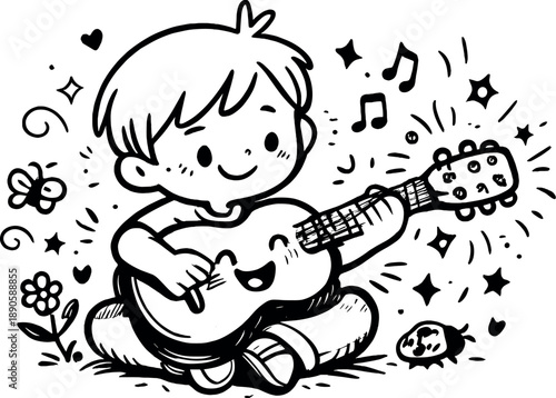 Musical Joy Doodle. A charming doodle vector illustration of learning the first chord on a musical instrument, expressive