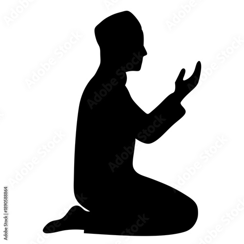 Silhouette of a man kneeling and praying with hands raised in supplication