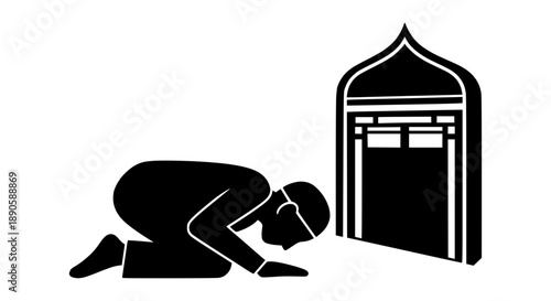 Silhouette of a person performing traditional Muslim prayer with a mihrab design, symbolizing devotion and worship in Islamic culture
