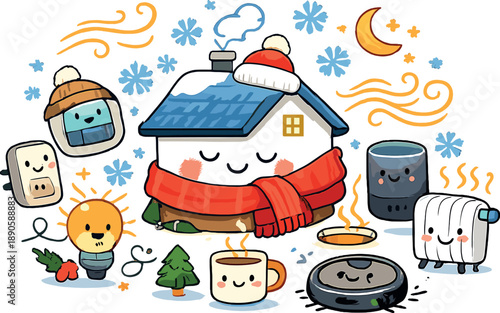 Eco-Smart Winter Home. A charming doodle vector illustration of a house entering energy-saving winter mode, happy smart devices