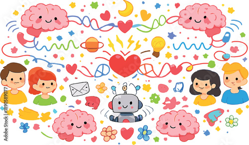 Brainwave Connection Art. A delightful doodle vector composition showing a matchmaking algorithm connecting people by brainwave