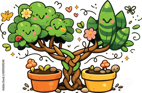 Intertwined Smiling Plants. A delightful doodle vector composition showing two separate plants with trunks woven together despite