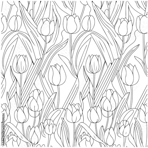 A beautiful close-up sketch of many tulips is growing in the garden. Each is captured in an elegant line art.
