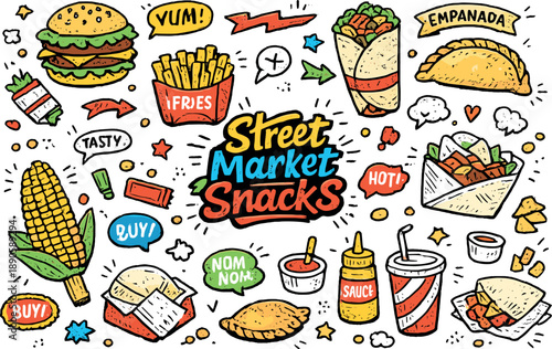 Street Market Snacks. Street market snack foods including burger fries shawarma empanada corn plus small elements like wrappers