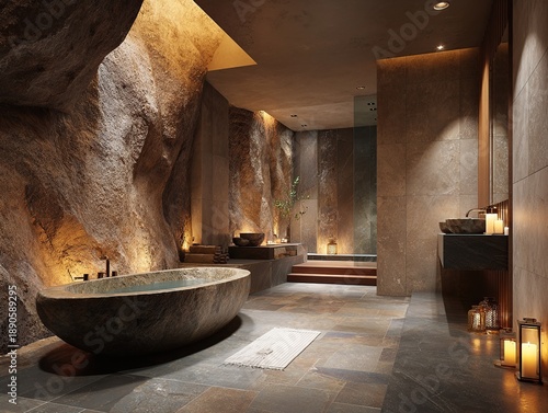 A luxurious spa bathroom is designed to resemble a natural cave, featuring textured stone walls and a large, freestanding bathtub illuminated by warm lighting and candles.