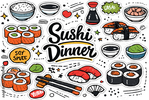 Traditional Sushi Set. Traditional sushi dinner set including salmon rolls tuna nigiri eel maki wasabi as main items plus soy