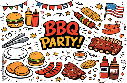 BBQ Grilling Extravaganza. BBQ grill party with grill burgers sausages corn skewers ribs as main items plus tongs plates buns
