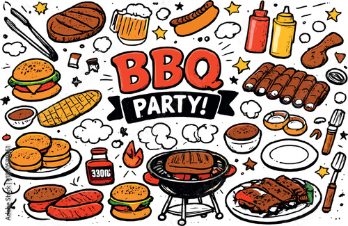 BBQ Grill Party Assortment. Classic BBQ grill party assortment with steaks burgers sausages corn ribs as main items plus tongs