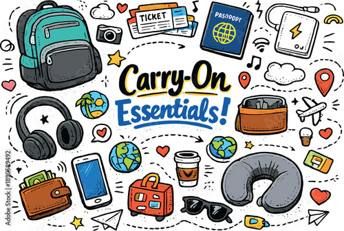 Airport Travel Essentials. Airport carry on essentials including backpack passport wallet headphones phone as main items plus