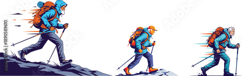 Dynamic Stylized Illustration of Hikers Ascending a Mountain Trail – Outdoor Adventure & Expedition Concept