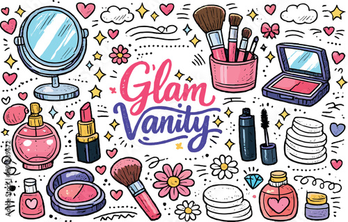 Chic Vanity Essentials. Glam makeup vanity items collection featuring mirror perfume bottle lipstick brush set as main items plus