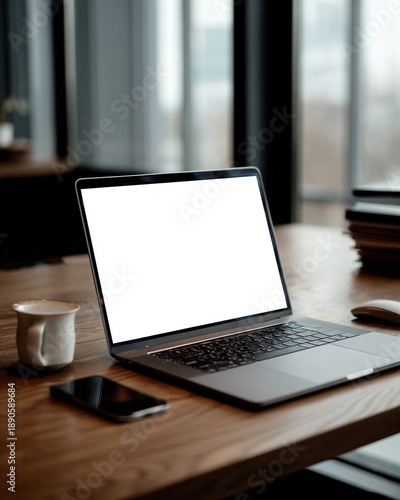 A modern office desk features a sleek laptop with a blank screen, accompanied by a coffee cup and smartphone, set against a large window with a cityscape view.
