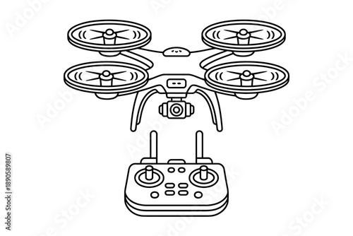 A detailed line drawing of a drone with a remote controller