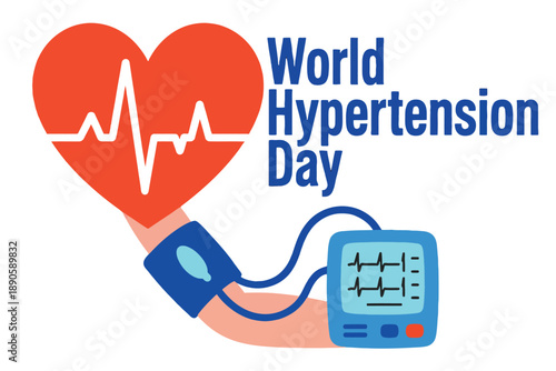 A graphic illustration for World Hypertension Day featuring a heart with an ECG line and a blood pressure monitor