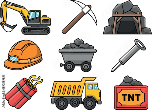 A collection of cartoon mining equipment and tools on a white background